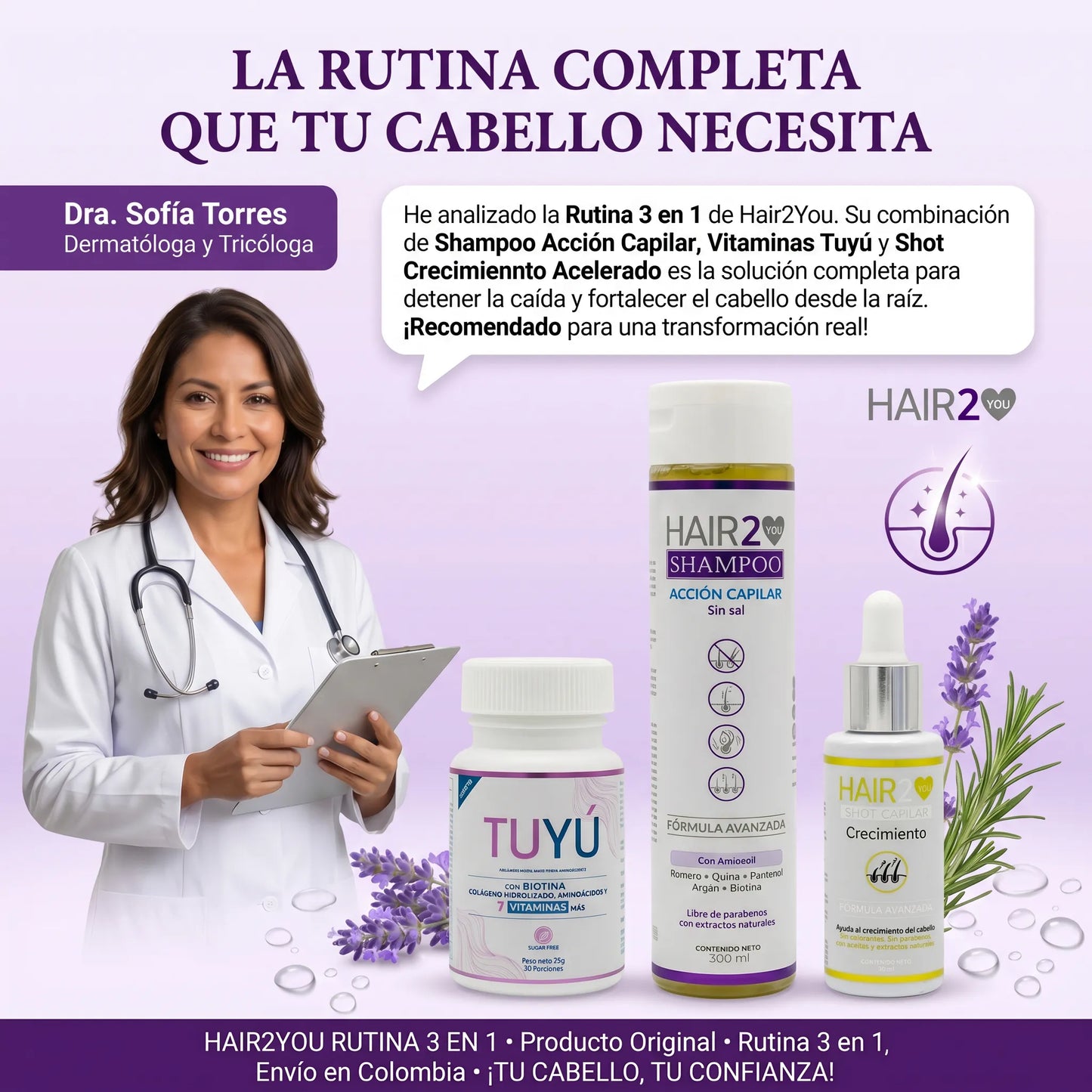 HAIR 2 YOU RUTINA 3 EN 1 ( SHAMPOO - VITAMINAS - SHOT )
